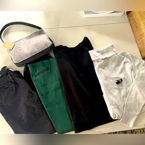 Lot Women’s Clothing Skinny Pants Tops Handbag Earrings Green Black Gray XS/S/4
